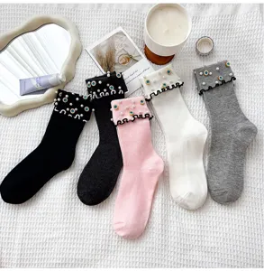 Pearl rhinestone ruffled women socks, cute style, comfortable daily wear detail view.