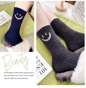 Rhinestone smiley ribbed mid-tube socks detail display, warm winter knit fashion hosiery.