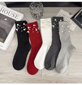 Women pearl ribbed knit mid-tube socks autumn winter fashion casual stacked socks