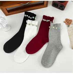Women ribbed mid-calf socks with pearl and crystal embellishments fashion four colors