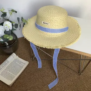 Chapeau de paille plat français ruban à carreaux large bord chapeau de soleil d'été