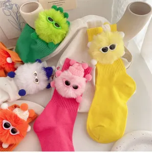 Cute plush doll novelty mid-calf socks for girls, colorful cute daily wear style detail view.