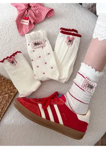 Cute ruffle bunny mid-calf socks for women, breathable thin long-staple cotton polka dot socks.