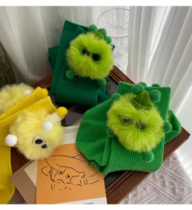 Cute green yellow fuzzy monster plush doll mid tube socks quirky college style women socks