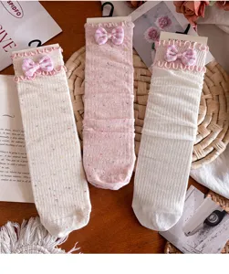 Sweet bow ruffle mid-tube socks for women, spring summer thin princess style cotton socks.