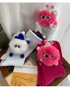 Cute fuzzy plush doll mid-tube socks with funny glasses and pompom design for women daily wear