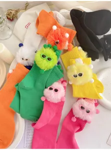 Cute kids fuzzy monster plush doll mid-calf socks sweet colorful novelty funny cotton daily wear.
