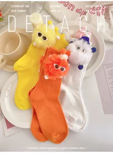 Detail shot of cute fluffy doll socks with funny eyes, cozy knit fabric, vibrant colors.