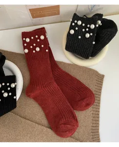Pearl embellished knit socks, cozy autumn winter warm mid-tube wool blend hosiery.