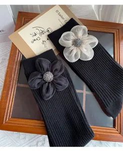 Women black floral ribbed mid socks cute 3d organza flower winter cozy fashion hosiery