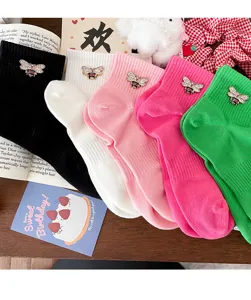 Cute cotton mesh short socks with crystal bee decor, Korean style sweet women socks.