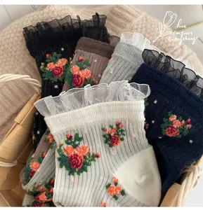Vintage floral mesh socks with delicate lace ruffles, sheer thin summer cute socks for women.