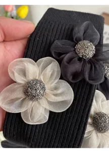 Women black mid-calf socks with 3D organza flower rhinestone center cute winter cotton socks