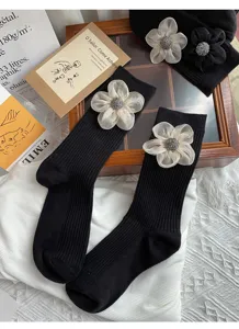 Black mid-calf women socks with 3D organza flower and rhinestone, cozy cotton fall winter hosiery