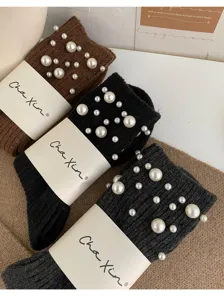 Women wool blend knit mid tube socks with pearl beaded details winter warm casual fashion