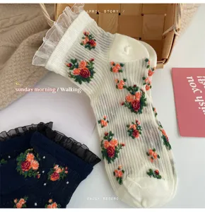Retro fairy style floral mesh socks, spring summer thin lace ruffle sheer cute socks.