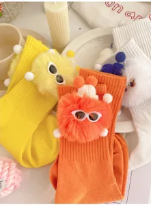 Cute girls mid-tube socks with fluffy plush elf doll and funny mini sunglasses design, sweet style.