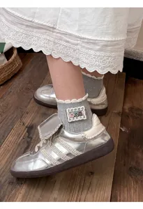 Cute ruffle lace socks for women, grey short ankle socks with sweet button embroidery decor.
