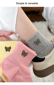 Women cute rhinestone butterfly mesh cotton short socks breathable summer daily socks