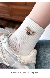 Stylish women mesh short socks with crystal bee embellishment, cute college style white socks.