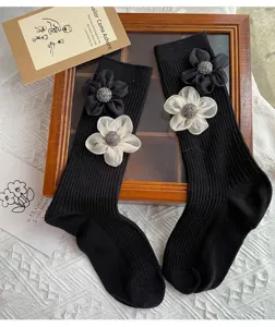 Women black mid-calf socks with 3d fabric flower cute cotton warm winter daily wear hosiery