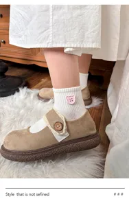 Detailed view of cute white socks with pink bear button and brown vintage Mary Jane shoes.