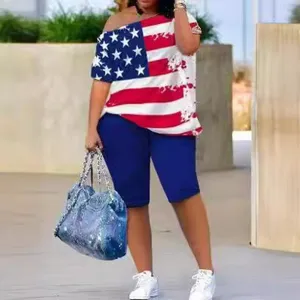 Ensemble Deux Pièces Femme T-Shirt Manches Courtes Imprimé et Short Épaules Dénudées