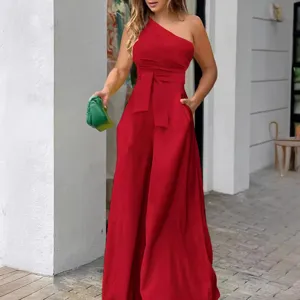 Women Elegant Red One Shoulder Jumpsuit High Waist Wide Leg Casual Outfit Main View