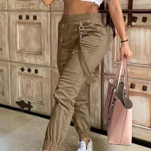 Women casual cargo pants high waist streetwear multi-pocket jogger pants khaki