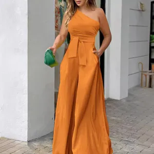 Women's orange one shoulder belted wide leg jumpsuit main view showcasing casual style.