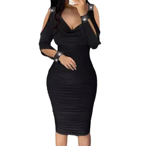 Women Black V-Neck Rhinestone Long Sleeve Ruched Sexy Bodycon Midi Dress Party Wear