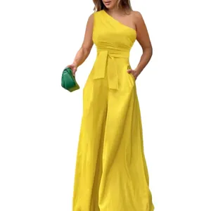 Women's yellow one shoulder high waist wide leg jumpsuit with belt and pockets for summer.