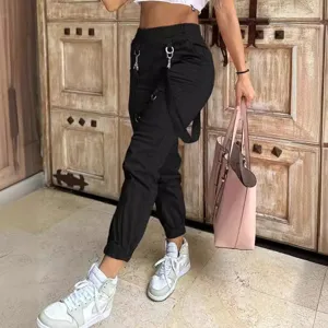 Women high waist black cargo pants with multiple pockets streetwear casual trousers