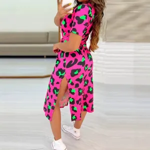 Women short sleeve dress pink leopard print belted high slit casual summer midi dress