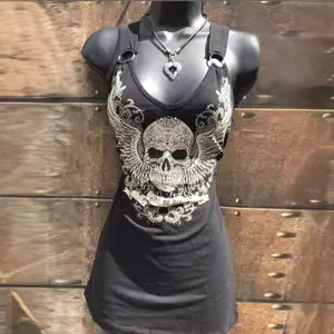 Women Gothic Skull Print Sleeveless Tank Top Summer Casual Punk Style Black Shirt