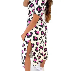 Women short sleeve leopard print belted midi dress with side slit casual A-line streetwear