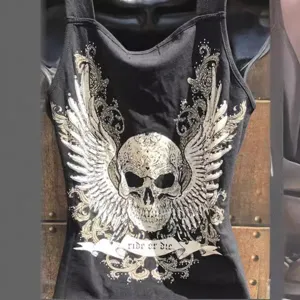 Women black tank top with cool skull wings graphic and letter print for summer street style
