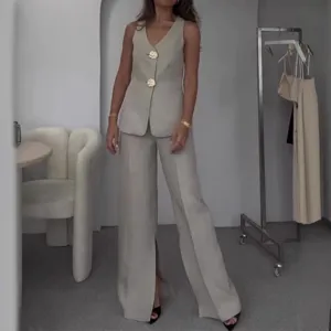 Elegant Women Summer Casual Two Piece Set V Neck Sleeveless Vest and Wide Leg Pants Outfit