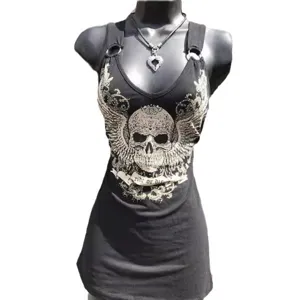 Women gothic sleeveless tank top with skull wing print and metal ring details for summer.