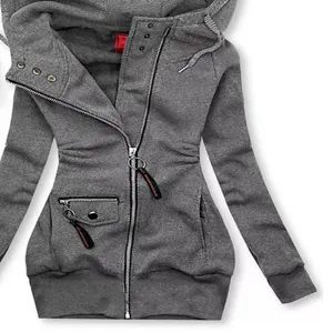 Grey zip-up hooded sweatshirt detail, asymmetric front zipper, ribbed cuffs and hem.