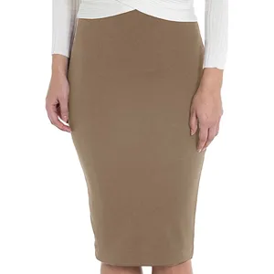 Khaki high-waisted bodycon midi skirt, slim fit pencil skirt for women, elegant daily wear.