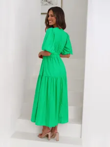 Summer casual solid color V-neck waist-cinching puff sleeve midi dress for women