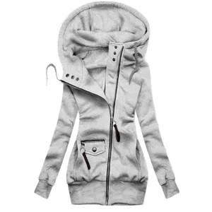Women's grey casual asymmetrical zip hooded sweatshirt jacket with drawstring and pockets.