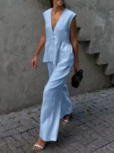 2025 summer European and American sleeveless solid color vest long pants two piece set women