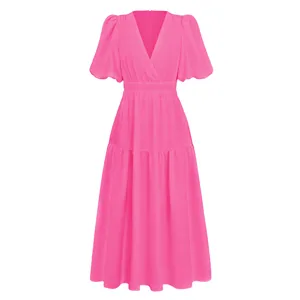Hot pink V-neck midi dress with puff sleeves and elastic waist for women summer daily wear.
