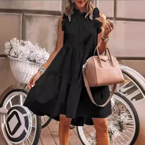 Women Casual Sleeveless Pleated Patchwork Dress Summer Solid Color Round Neck Loose Big Swing Maxi Dress Streetwear Fashion
