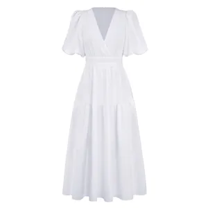 White V-neck puff sleeve tiered midi dress detail, elegant casual summer dress style features.