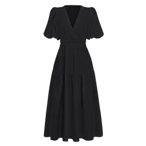 Casual solid color V-neck waist-cinching puff sleeve maxi dress for women summer daily wear.