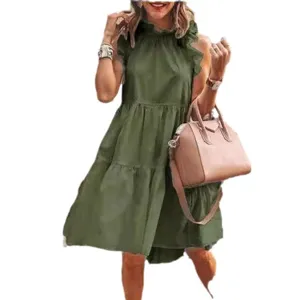 Women's Summer Casual Sleeveless Pleated Solid Color Tiered Ruffle Mock Neck Long Dress