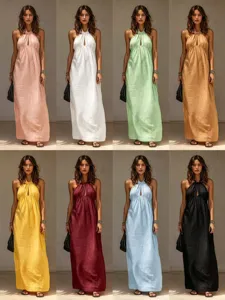 Lässiges einfarbiges langes Baumwoll-Leinen-Halter-Maxikleid für Damen im Sommer.